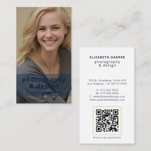 Modern Navyblå Foto QR-kod Professionell Guld Visitkort
