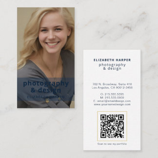Modern Navyblå Foto QR-kod Professionell Guld Visitkort