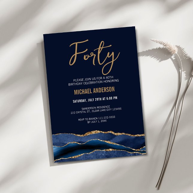 Modern Navyblå Guld Agat 40-års Födelsedagsfest  Inbjudningar (Skapare uppladdad)
