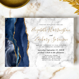 Modern Navyblå Guld Agat Marmor Bröllop Inbjudningar