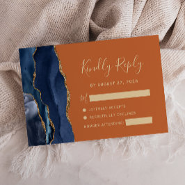 Modern Navyblå Guld Agat Orange Bröllop OSA Kort