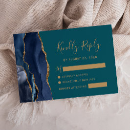 Modern Navyblå Guld Agat Teal Bröllops RSVP-kort OSA Kort