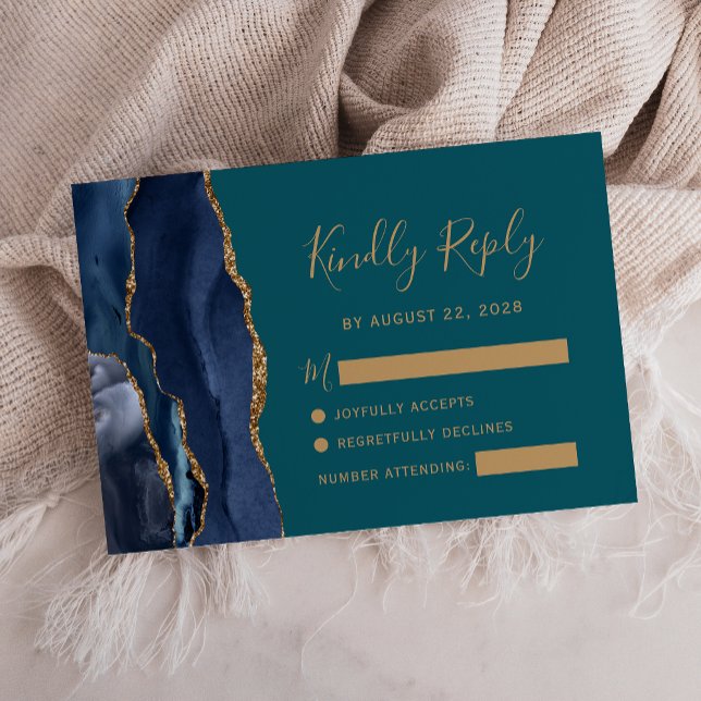 Modern Navyblå Guld Agat Teal Bröllops RSVP-kort OSA Kort (Skapare uppladdad)