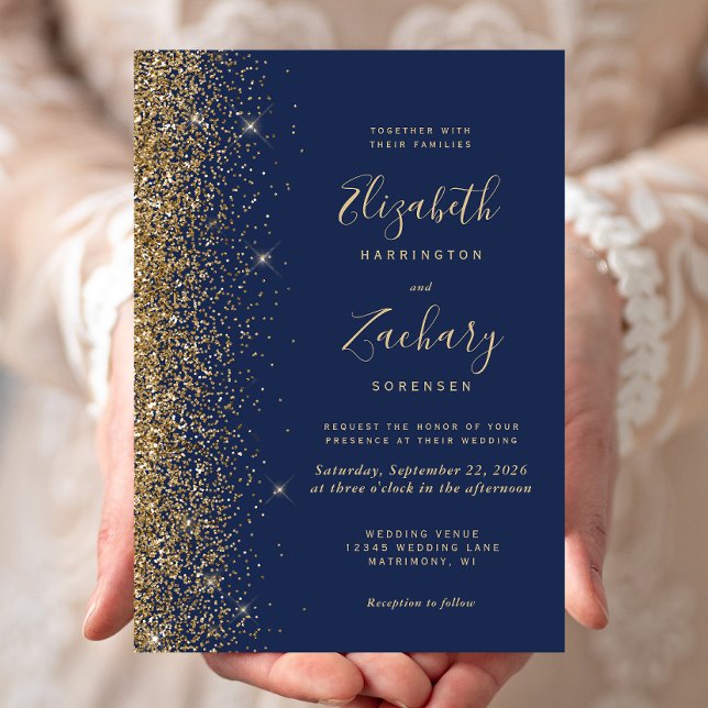Modern Navyblå Guld Falsk Glitter Kant Bröllop Inbjudningar (Skapare uppladdad)