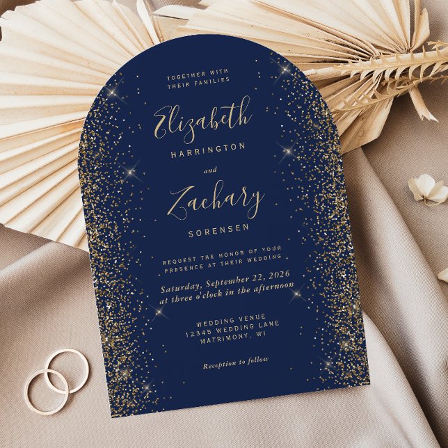 Modern Navyblå Guld Glitter Kant Båge Bröllop Inbjudningar (Skapare uppladdad)
