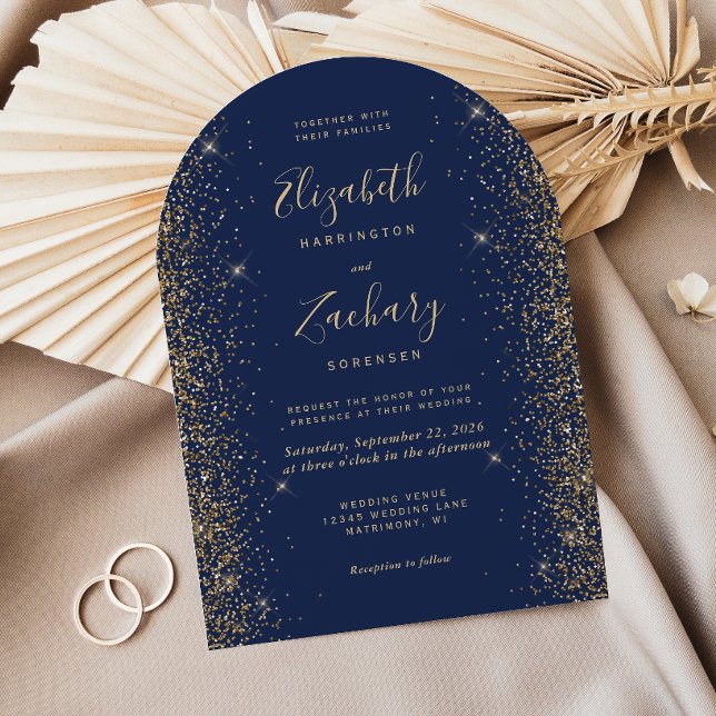 Modern Navyblå Guld Glitter Kant Båge Bröllop Inbjudningar (Skapare uppladdad)