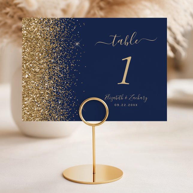 Modern Navyblå Guld Glitter Kant Bröllop Bordsnummer (Skapare uppladdad)