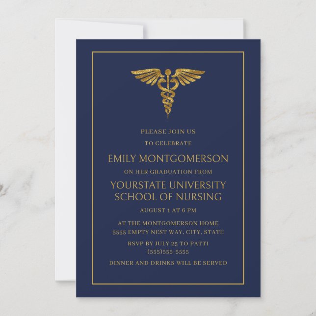 Modern Navyblå Guld Sjuksköterskeutbildning Examen Inbjudningar (Framsida)