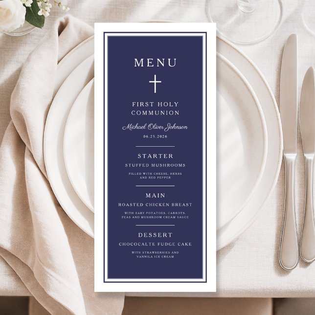 Modern Navyblå Kors Pojke Första Kommunion Meny (Modern Navy Blue Cross Boy First Communion Menu)