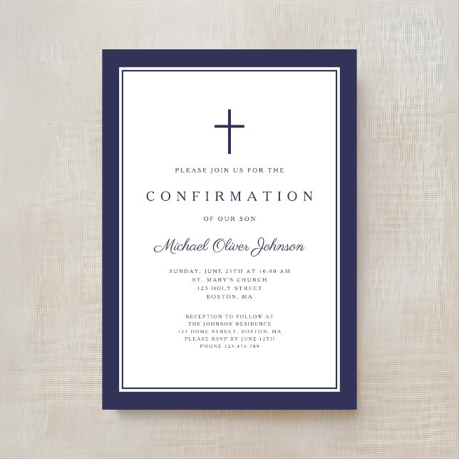 Modern Navyblå korspojke bekräftelse Inbjudningar (Modern Navy Blue Cross Boy Confirmation Invitation)