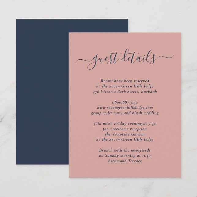 Modern Navyblå och Rosabröllop Tilläggskort (Fram/baksida)