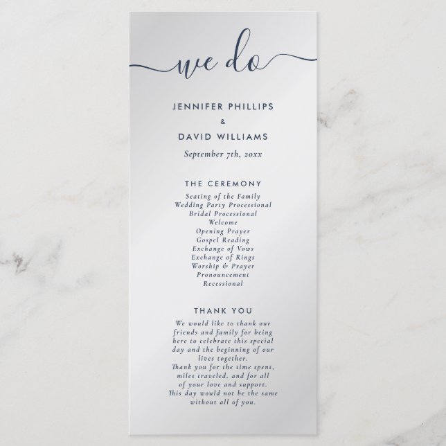 Modern Navyblå och Silver Vi Gör Bröllop Program (Framsida)