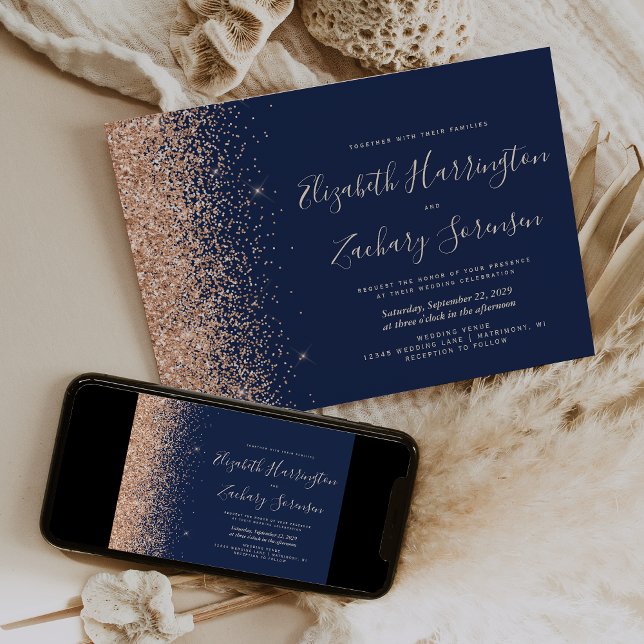 Modern Navyblå Päron Glitter Bröllop Inbjudningar (Skapare uppladdad)