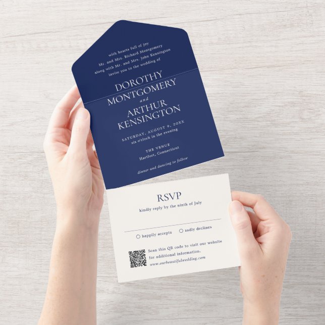 Modern Navyblå QR-kod Elegant Bröllop (Avrivbar del)