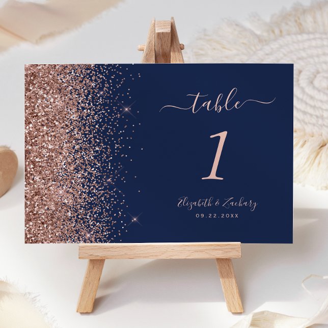 Modern Navyblå Rosa Guld Glitter Bröllop Bordsnummer (Skapare uppladdad)