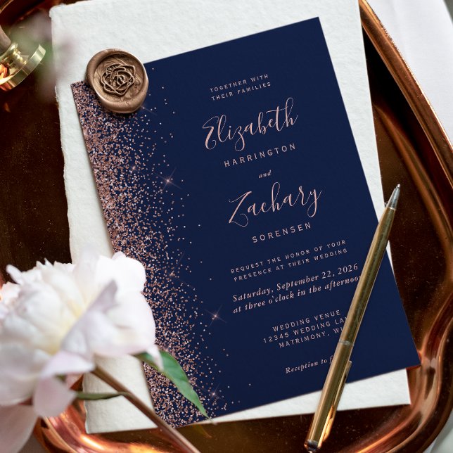 Modern Navyblå Rosa Guld Glitter Bröllop Inbjudningar (Skapare uppladdad)