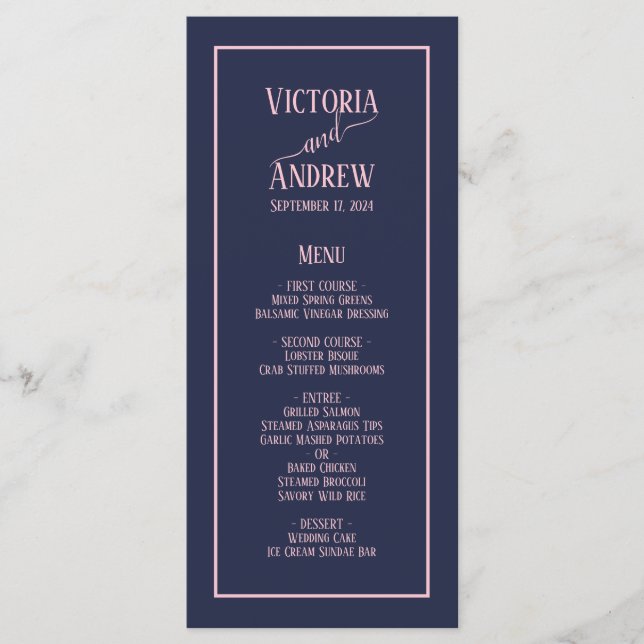 Modern Navyblå Rosa Modern Skrift Minimal Bröllop Meny (Framsida)