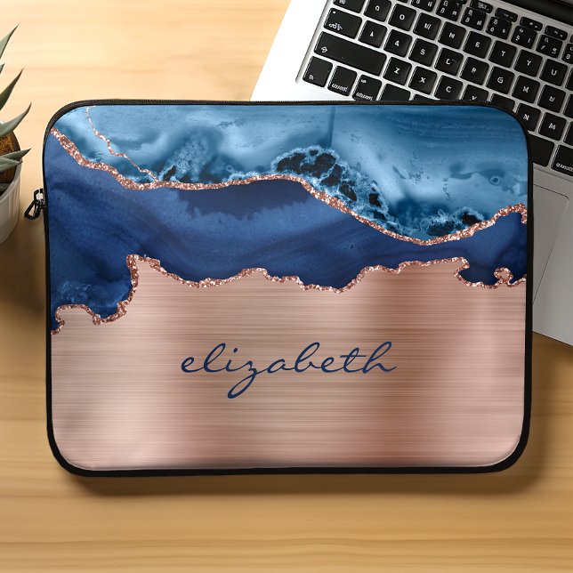 Modern Navyblå Roséguld Agat Metallisk Laptop Fodral (Skapare uppladdad)