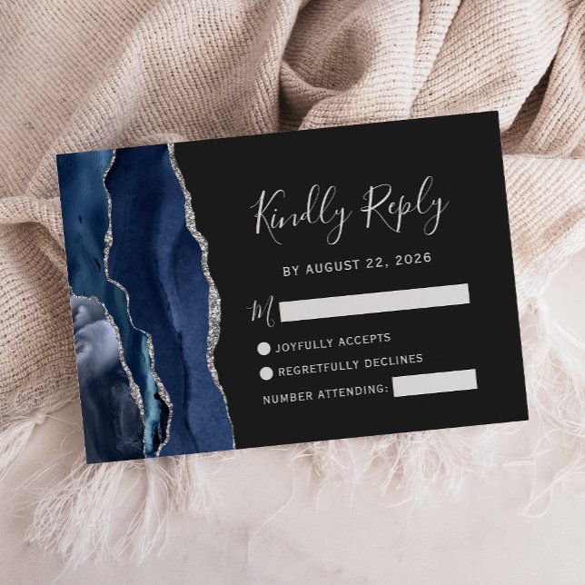 Modern Navyblå Silver Agat Bröllops RSVP-kort OSA Kort (Skapare uppladdad)