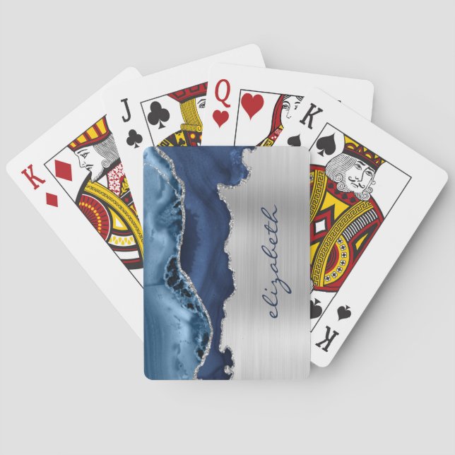 Modern Navyblå Silver Akvamarin Metallisk Casinokort (Baksidan)