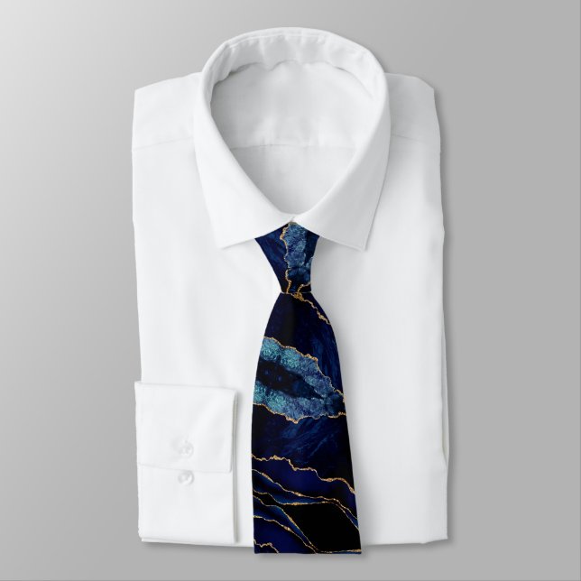 Modern Neck Tie Agate Navy Blue Guld Marble Slips (Bunden)