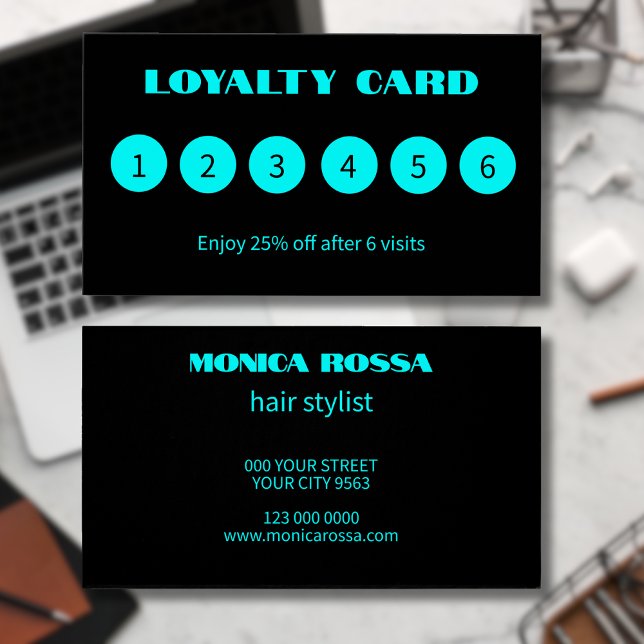 Modern Neon Blue Black Loyalty-kort Visitkort (Skapare uppladdad)