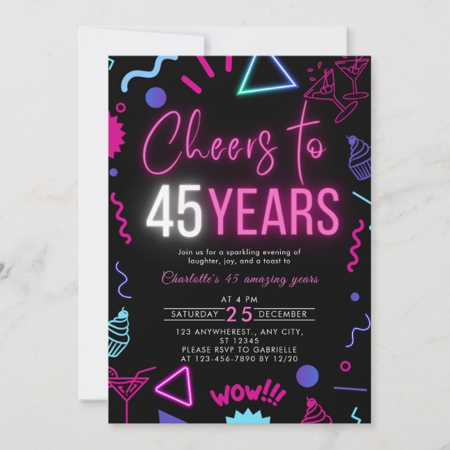 Modern Neon Cheers till 45 år 45:e Födelsedagsfest Inbjudningar (Framsida)