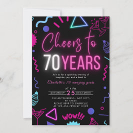 Modern Neon Cheers till 70 års 70:e Födelsedagsfes Inbjudningar