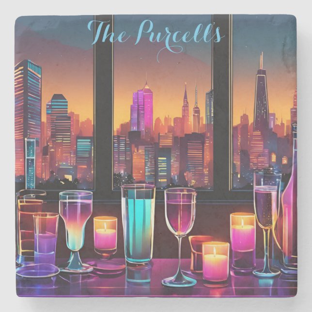 Modern Neon City Pub Square Marble Stone Underlägg (Framsidan)