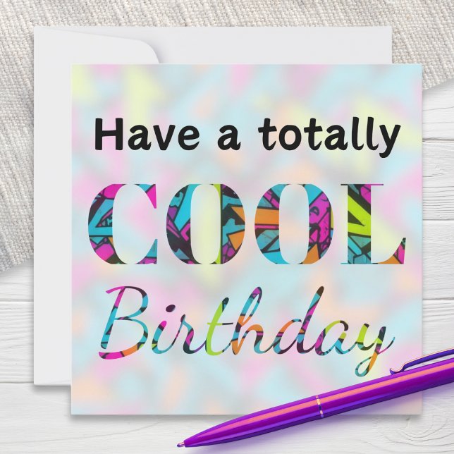 Modern neon-effekt Graffiti Supercool födelsedag Kort (A bright and fun greeting card with 'Have a totally cool birthday' message in neon-like colors)