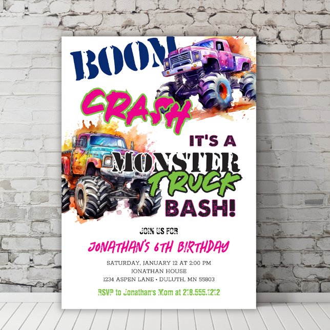 Modern Neon Färg Monster Lastbil födelsedag Inbjudningar (Skapare uppladdad)