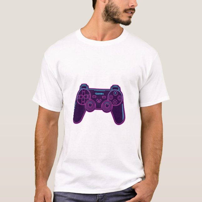 Modern Neon Gaming Controller White Cotton T-Shirt (Framsida)