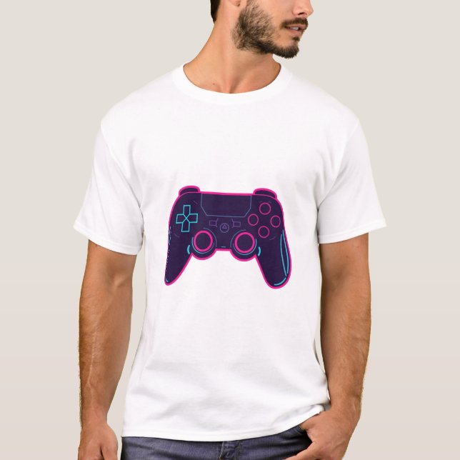 Modern Neon Gaming Controller White Cotton T-Shirt (Framsida)