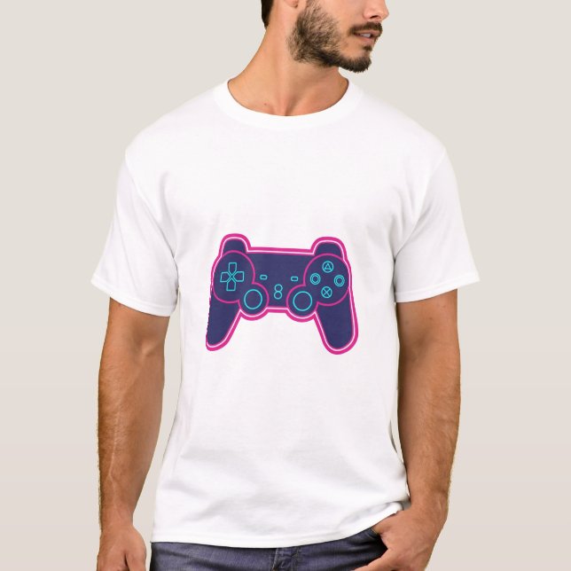 Modern Neon Gaming Controller White Cotton T-Shirt (Framsida)