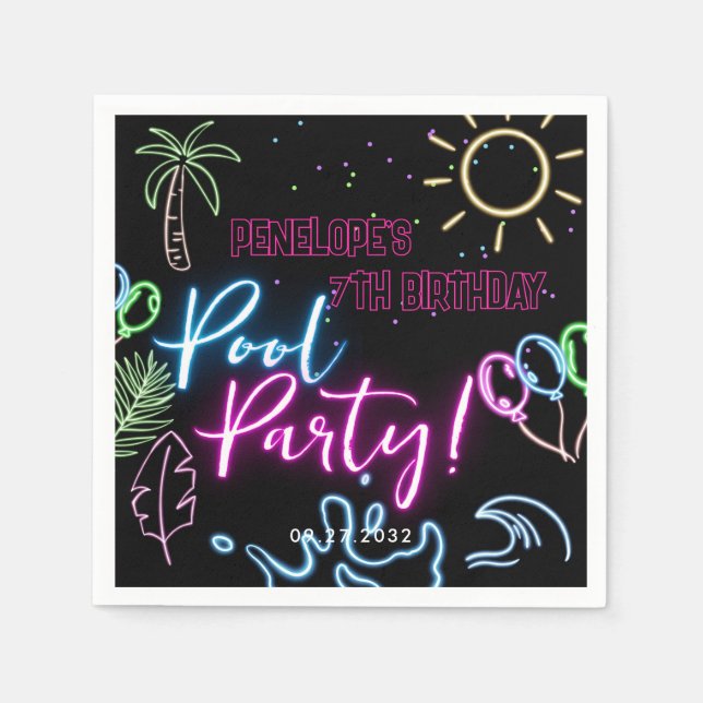 Modern Neon Glöd Svart Pool Party Födelsedag Pappersservett (Framsidan)
