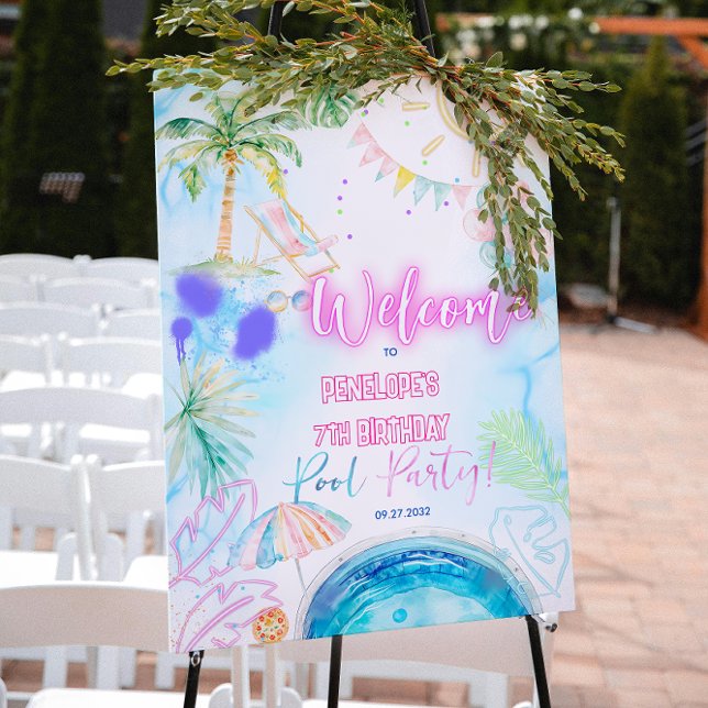 Modern Neon Glöd Vattenfärg Poolparty Välkommen Poster (Skapare uppladdad)