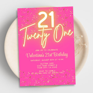 Modern Neon Glow Shock rosa Guld Glitter 21 födels Inbjudningar