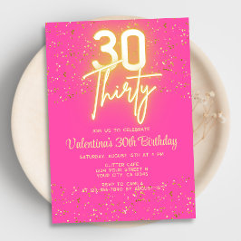Modern Neon Glow Shock rosa Guld Glitter 30 födels Inbjudningar