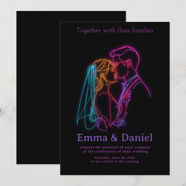 Modern Neon Line Art Couple Wedding Invitation Inbjudningar (Fram/baksida)