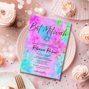 Modern neon och guld akvarell Bat Mitzvah Inbjudningar