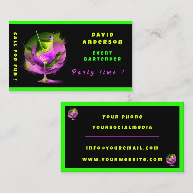Modern Neon Party Time Personlig Professionell Visitkort (Fram/baksida)