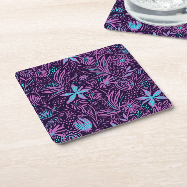 Modern Neon Purple Floral Pattern Underlägg Papper Kvadrat (Vinklad)