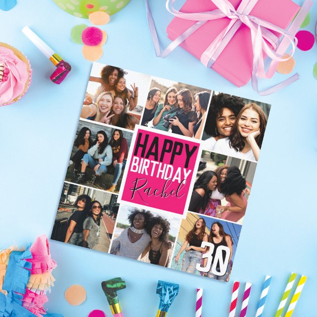 Modern Neon Rosa Friends Photo Collage Birthday Kort (Skapare uppladdad)