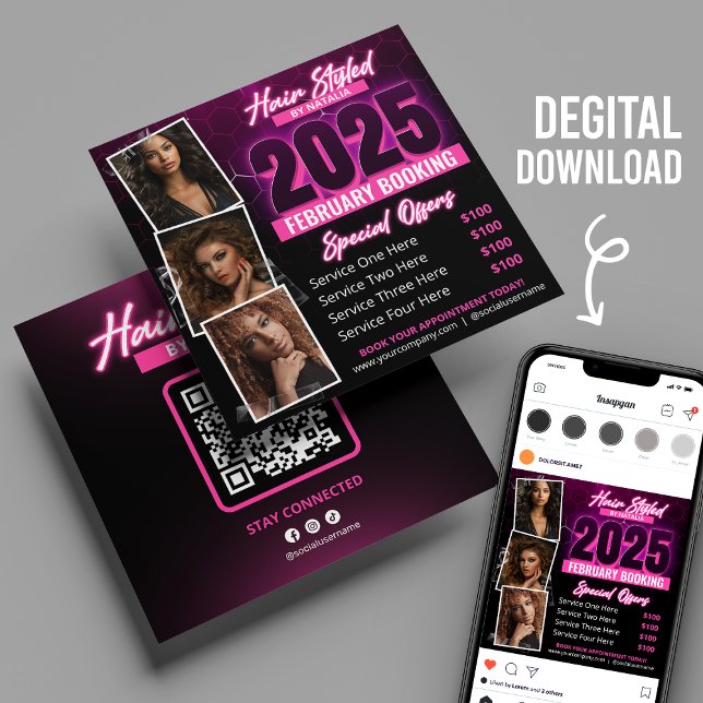 Modern neon rosa frisörbokningsflyer kort (Skapare uppladdad)