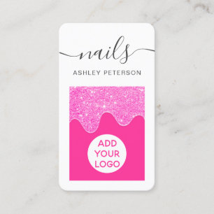 Modern neon rosa glitter droppar rosa nagel-skript visitkort