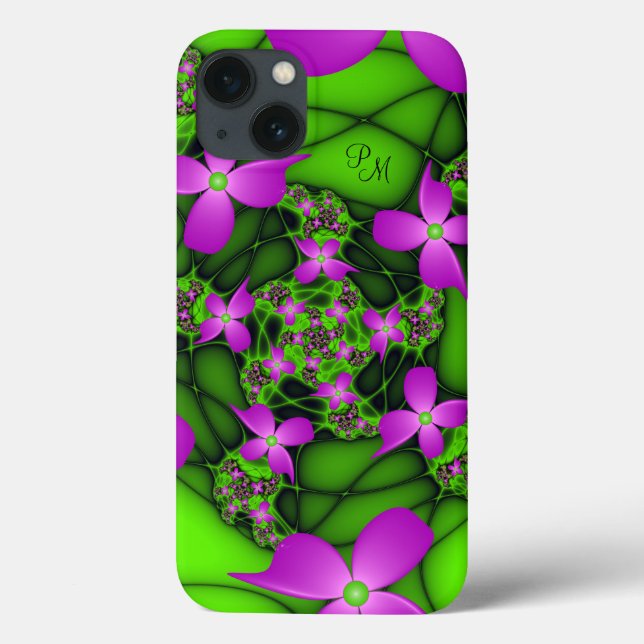 Modern Neon Rosa Grönt Fractal Flowers Monogram (Baksida)