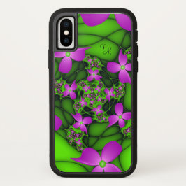 Modern Neon Rosa Grönt Fractal Flowers Monogram