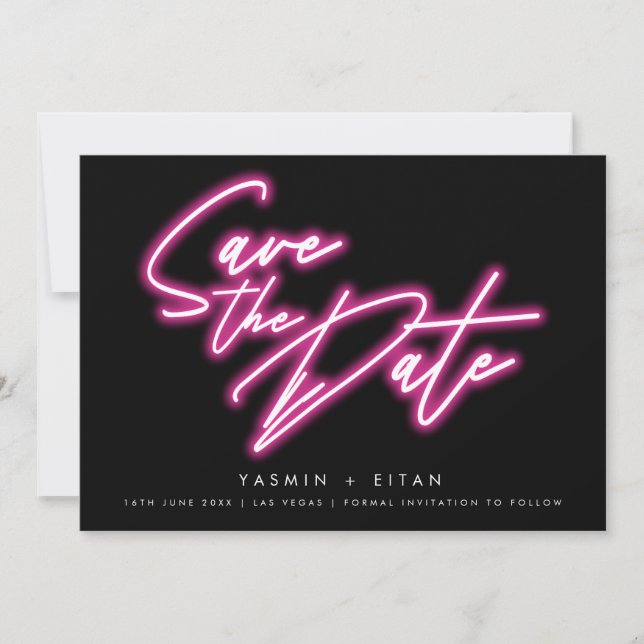 Modern Neon Rosa Skrift Svart Bröllop Spara Datumet (Framsida)