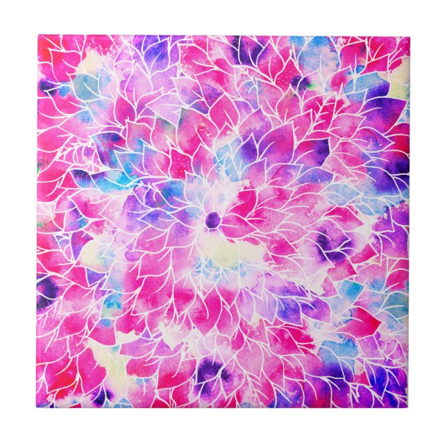 Modern neon rosa teal lilaal vattencolor blommigt kakelplatta (Framsidan)