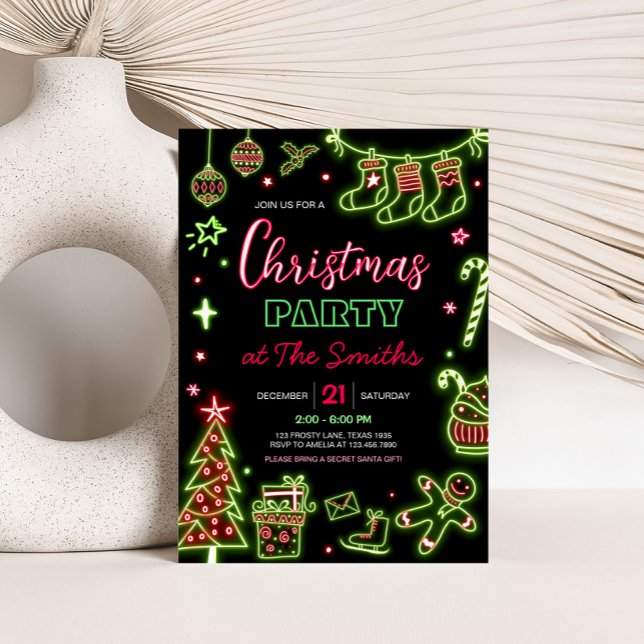 Modern Neon Tomte Julfest Inbjudningar (Neon Santa Modern Christmas Party Invitation)